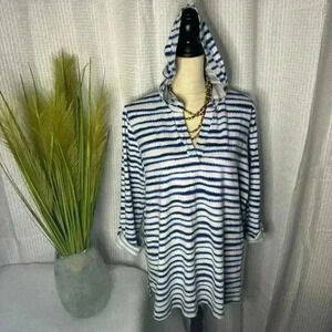 Zenergy By Chico’s Size 2 Large Blue Striped Hoodie Rolled Leaves Soft Cotton